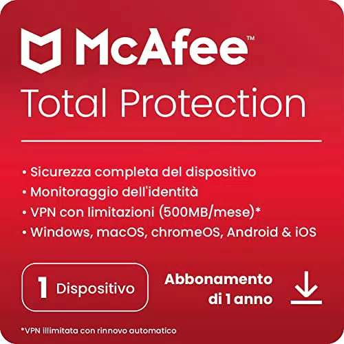 McAfee Total Protection 2023, 1 dispositivo, Software antivirus per la sicurezza in Internet