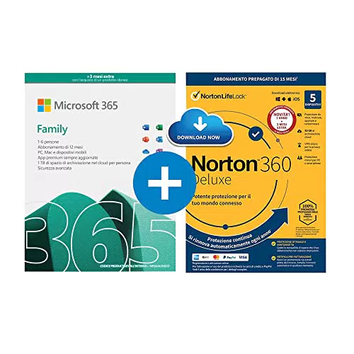 Microsoft 365 Family Fino a 6 persone - Per PC/Mac/tablet/cellulari Abbonamento di 12 + 3 mesi - codice via email + Norton 360 Deluxe 5 dispositivI abbonamento 15 mesi codice via email