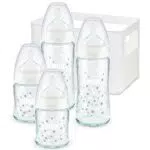 NUK First Choice Plus - Set di 4 biberon in vetro, con tettarelle e contenitore per biberon