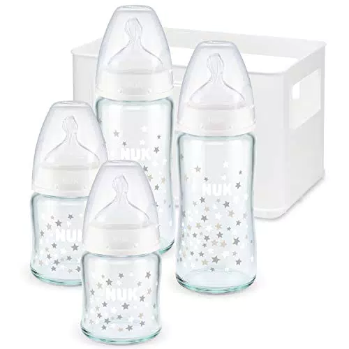 NUK First Choice Plus - Set di 4 biberon in vetro, con tettarelle e contenitore per biberon