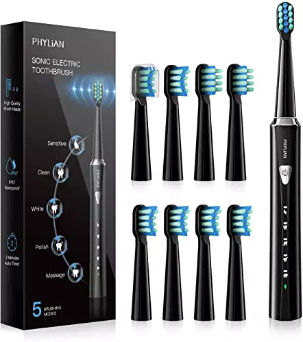 Phylian, spazzolino elettrico sonico, spazzolino elettrico con 8 spazzole di ricambio