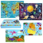 Sitodier Puzzle in Legno con Cornice per Bambini da 4 a 8 Anni, 2Pcs 96 Pezzi + 2Pcs 60 Pezzi Dinosauro Sirena Puzzle