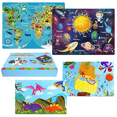Sitodier Puzzle in Legno con Cornice per Bambini da 4 a 8 Anni, 2Pcs 96 Pezzi + 2Pcs 60 Pezzi Dinosauro Sirena Puzzle