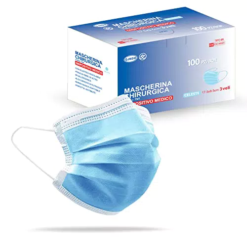 S&S Medical 100 Mascherine chirurgiche Celesti 3 veli certificate CE - Dispositivo Medico di tipo 2r + Gancio salve orecchie in Regalo