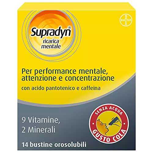Supradyn Ricarica Mentale Integratore Multivitaminico Alimentare Completo, con Acido Folico, Caffeina e Guaranà, per Attenzione e Concentrazione, 14 Bustine Orosolubili, Gusto Cola