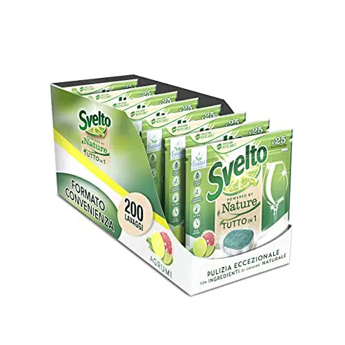 Svelto Pastiglie per Lavastoviglie Powered By Nature Tutto in 1 Agrumi Megapack da 200 Lavaggi con Certificazione Ecolabel