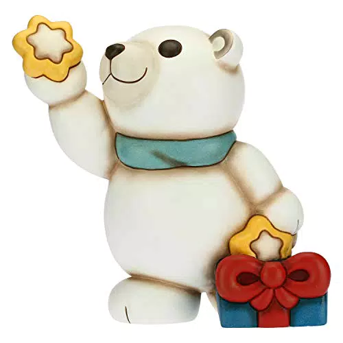 THUN - Soprammobile Orso Polare Natalizio con Pacco Regalo e Stelle - Accessori per la Casa da Collezionare - Linea Un Pensiero Felice - Formato Maxi - Ceramica - 27 x 31 x 33 h cm