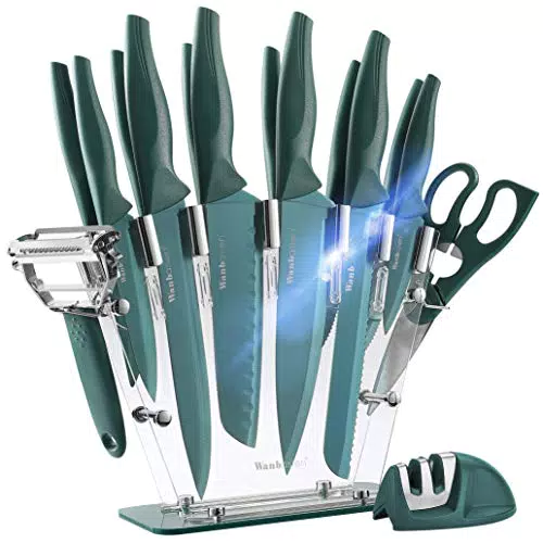 Wanbasion 16 Pezzi Verde Set di Coltelli da Cucina con Ceppo Universaleet di Coltelli da Cucina Acciaio Inossidabileet di Coltelli da Cucina Professionali Chef Blocco di Legno Acrilico