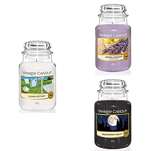Yankee Candle Candele in Giara Grande, Clean Cotton + Lavanda al limone + Notte di Mezza Estate