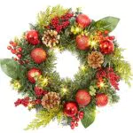 Aeeing ghirlanda di Natale da 45 cm con 15 LED, ghirlanda per porta con palline di Natale pigne bacche per porta d'ingresso