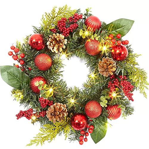 Aeeing ghirlanda di Natale da 45 cm con 15 LED, ghirlanda per porta con palline di Natale pigne bacche per porta d'ingresso