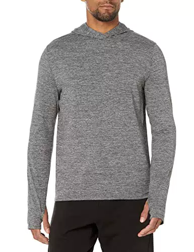 Amazon Essentials Maglietta Tecnica Elasticizzata a Maniche Lunghe con Cappuccio Uomo, grigio, XS