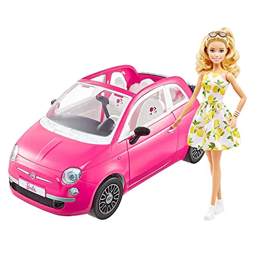 Barbie Bambola e Fiat 500, Veicolo Rosa a 4 Posti con Accessori