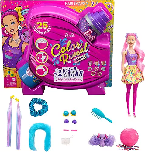 Barbie- Color Reveal Glitter, Bambola con Glitter Viola con 25 Sorprese e Tanti Accessori per Acconciature Capelli e a Tema Festa