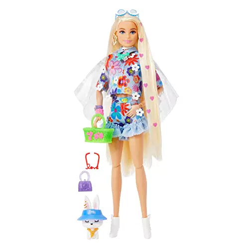 Barbie Bambola n.12 Snodata con Lunghissimi Capelli Biondi con Cuoricini e Completo Floreale, Coniglietto e Accessori