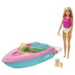 Barbie Playset con Bambola Bionda, Motoscafo Galleggiante, Cucciolo e Accessori