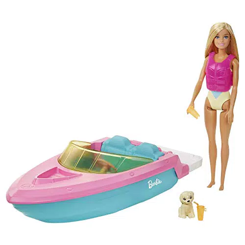Barbie Playset con Bambola Bionda, Motoscafo Galleggiante, Cucciolo e Accessori