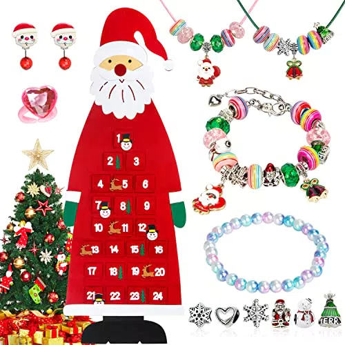 Calendario dell'Avvento in Feltro per Ragazze, SIMSPEAR Calendario dell'Avvento in Feltro Gioielli per Ragazze con Braccialetto di Perle Ciondolo Orecchio Clip Anello per Ragazze Regalo di Natale