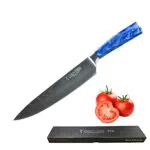 Coltelli da Cucina Professionali, 20 cm Coltello da Chef in Acciaio ad Alto tenore di Carbonio da con Impugnatura Antiscivolo Blu Manici Ergonomici in Pakkawood per la Casa e il Ristorante