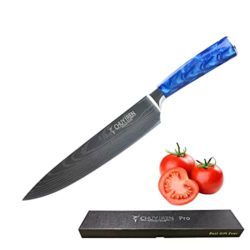 Coltelli da Cucina Professionali, 20 cm Coltello da Chef in Acciaio ad Alto tenore di Carbonio da con Impugnatura Antiscivolo Blu Manici Ergonomici in Pakkawood per la Casa e il Ristorante