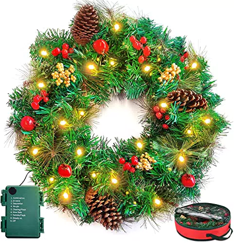 Corona di Natale, Corona di Porta Tutto l'anno Con 50 LEDs Bianco Caldo E 8 Modalità di Luce Corona Fiore Con Coni di Pino Red Berry Decorazione Della Parete Decorazione Della Casa Porta Per Natale