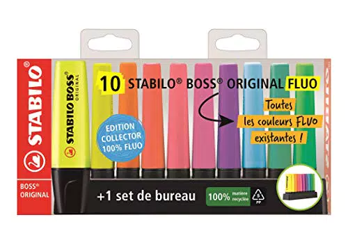 Evidenziatore - STABILO BOSS ORIGINAL Desk-Set - Edizione 100% FLUO - 10 evidenziatori