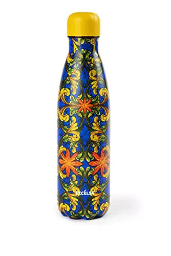 Excelsa Borraccia termica portatile con decoro Trinacria, Acciaio Inossidabile 18/10 a Doppia Parete