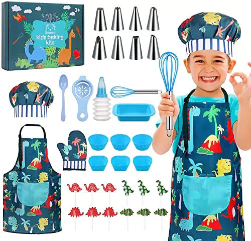 Gemeer 34 Pezzi Set da Cucina per Bambiniet Cuoco Dinosauro Blu