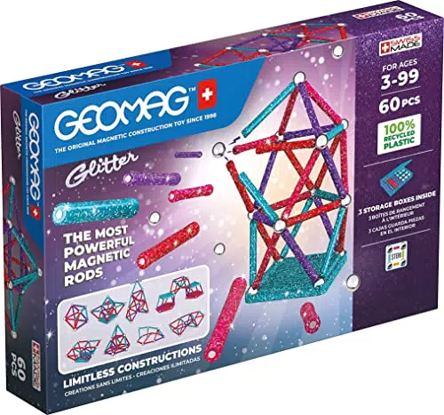 Geomag, Glitter Recycled, Costuzioni Magnetiche Effetto Glitter, 60 pezzi
