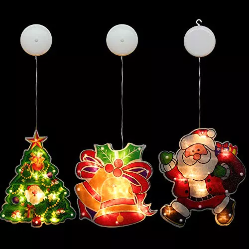 GLAITC Luci Natalizie, 3 Pezzi Luci della Finestra di Natale con Ventosa Campane per Albero di Natale Stelle Luci Natalizie da Appendere a Batteria per Decorazione per Feste di Natale per Matrimoni