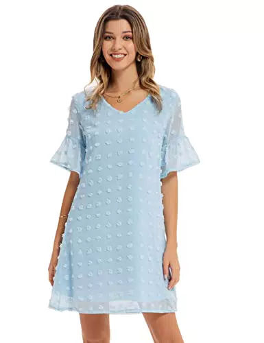 GRACE KARIN Manica Corta delle Donne Vestito Estivo Casuale Mini Abito Svizzero V Collo DOT Dress Flottante Una Linea di Abiti Corti Azzurro XL
