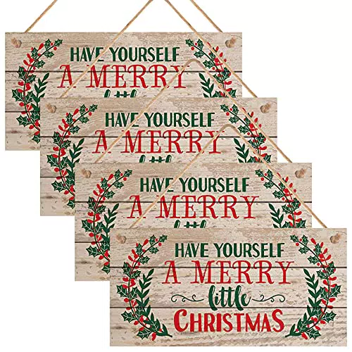 Hileyu 4 Pezzi Targa in Legno Natale Targa in Legno Buon Natale Decorazione per cartelli da Appendere di Natale per la Decorazione della Parete della Porta di casa di Natale