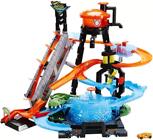 Hot Wheels Mega Autolavaggio Playset per Macchinine con Pista Selvaggia e Coccodrillo