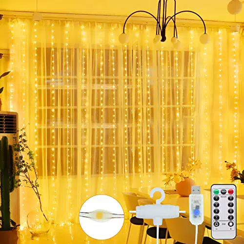 HOYIBO Tenda Luminosa - 3M*3M 300 LED Tenda Luminosa Natale 8 Modalità Impermeabile Tenda Luminosa Esterno con Telecomando USB Tenda Luci a Cascata Tenda Luminosa Interno per Decorazioni Natalizie