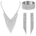 JeweBella Set di Gioielli in Cristallo Donna Collana Girocollo con Strass Bracciale Orecchini con Frangia Pendenti Set Parure Gioielli Sposa Set Bling Parure Donna