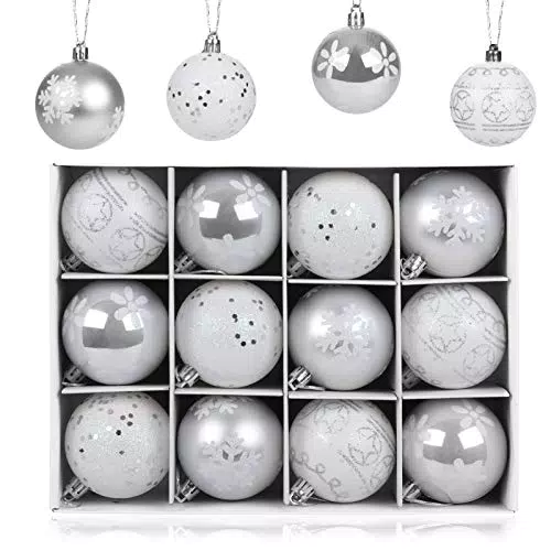 LIHAO 12pz Palline di Natale Argento, Palle di Natale Plastica 6cm per Decorazioni Albero di Natale Pendenti Ciondoli Ornamenti Nozze Casa