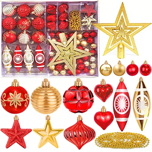 MAISITOO Palline di Natale 73pz Palline Natalizie Decorazioni Albero di Natale Palla Palline decorative Rosso e Oro Con Cima dell'albero
