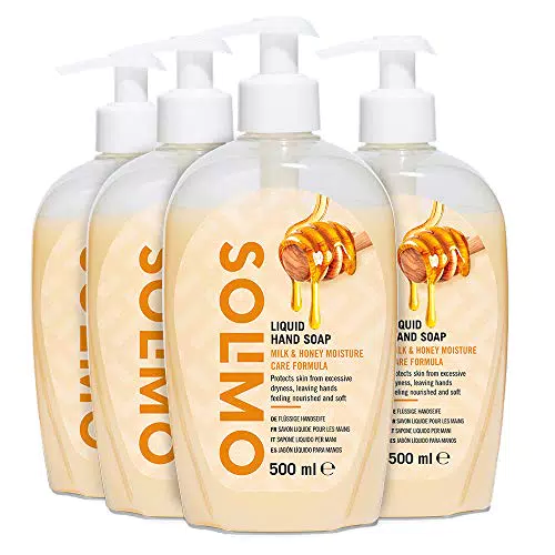 Marchio Amazon - Solimo Sapone liquido per mani. Formula idratante al latte e al miele- Confezione da 4