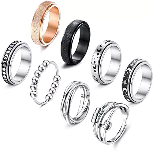 Milacolato 8 Pezzi Anelli Fidget in Acciaio Inossidabile per Donna Uomo Anelli Spinner con Perline Luna Stella Sole Anelli Set Taglia 19.5