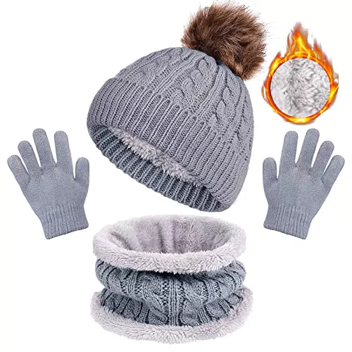 Nadeer 3 Pezzi Cappello Guanti E Sciarpe Set per Bambini Inverno Pom Pom Cappello Sciarpa Guanti Set per Ragazze Ragazzi Caldo Berretto Lavorato a Maglia Cappelli Snood