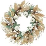 Natale Ghirlanda Inverno Porta 50 cm Ghirlanda natalizia Porta Zucca Bianca con Finte Bacche e Pigne Natale Decorazioni per Feste Ringraziamento