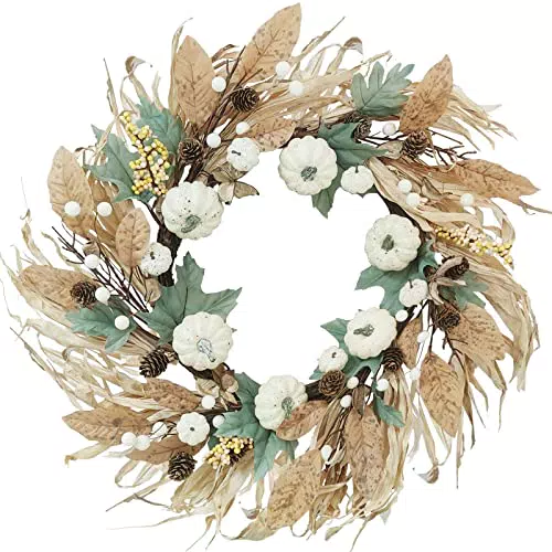 Natale Ghirlanda Inverno Porta 50 cm Ghirlanda natalizia Porta Zucca Bianca con Finte Bacche e Pigne Natale Decorazioni per Feste Ringraziamento