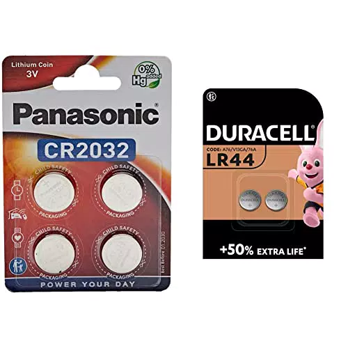 Panasonic Cr2032 Batteria Al Litio A Bottone 3 V, Confezione da 4 & Duracell - LR44, Batteria Bottone Alcalino 1.5V