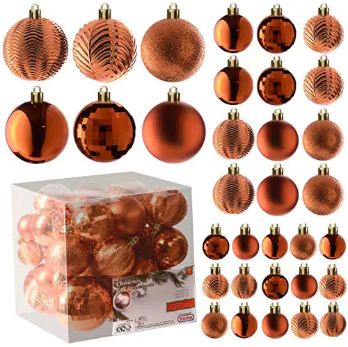 Prextex Palline di Natale Rame per Decorazioni Natalizie - 36 Pezzi Addobbi Natalizi Infrangibili Albero Natale con Gancio - Decorazioni Albero di Natale