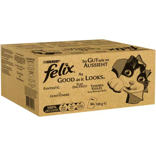 Purina Felix Le Ghiottonerie Cibo Umido per Gatti con Manzo, Pollo, Merluzzo e Tonno, 80 Buste da 100g