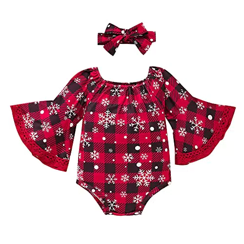Siyova 2 Pezzi Completo Neonata Natale Pagliaccetto a Maniche Lunghe con Fiocco di Neve Scozzese + Fascia per Capelli Bambina Tutina Bimba Natalizia Elegante Rossa