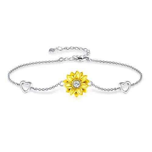 SNZM Bracciale Girasole in Argento Sterling 925, Bracciale Cuore Regolabile Donna con Zirconia Cubica Regalo Compleanno Festa della Mamma la Mamma Fidanzata - Confezione Gioielli