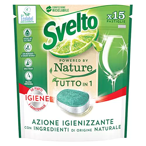 Svelto Powered By Nature Tutto in 1 Pastiglie per Lavastoviglie Azione Igienizzante con Ingredienti di Origine Naturale - Confezione da 15 Pastiglie
