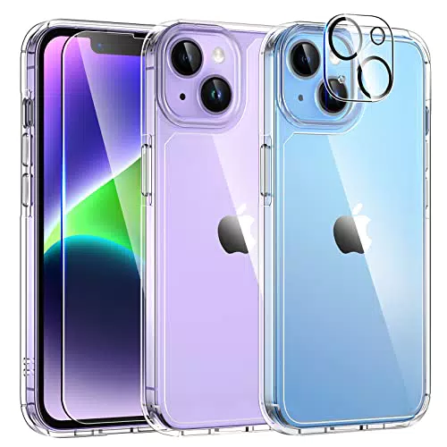 TAURI Cover per iPhone 14 Trasparente [5 in 1 Kit] con 2 Pellicola Vetro Temperato + 2 Pellicola Fotocamera, [Protezione Antiurto Militare] Custodia in PC Resistente ai Graffi