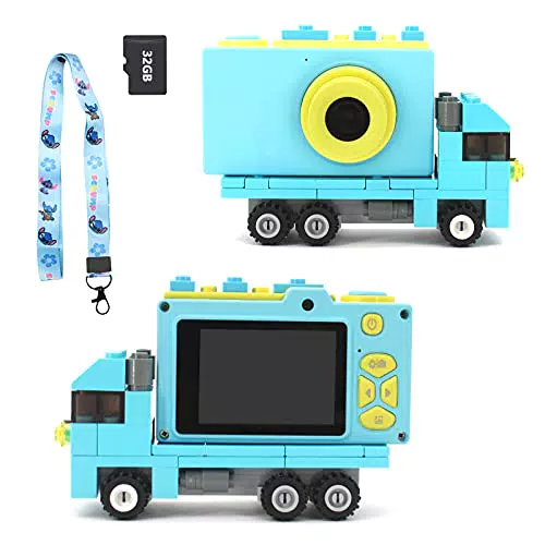 Ukuu Fotocamera per Bambini con Auto Giocattolo 1080P Fotocamera Digitale Portatile Ricaricabile Regalo di Compleanno per Bambini Scheda SD 32 GB Videocamera per Ragazze Ragazzi da 3-12 Anni - Blu